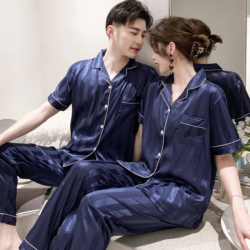 Bộ Đồ Ngủ Ngắn Tay Vải Phi Bóng Cho Cặp Đôi