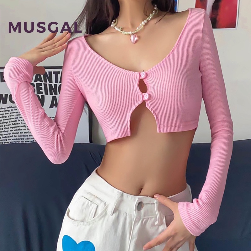 Áo Thun Nữ Dài Tay Cổ Chữ V Màu Sắc Ngọt Ngào