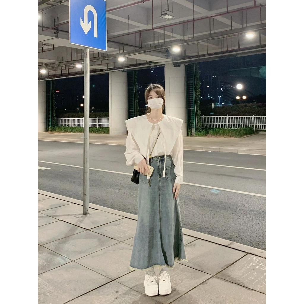 Set Ngọt Ngào Lá Sen Viền , váy Denim + áo sơ mi, váy nữ, xu hướng thời trang