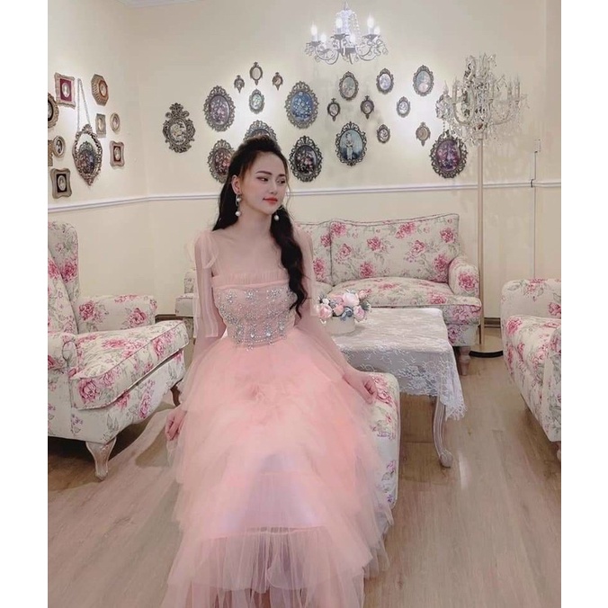 ĐẦM DỰ TIỆC HAI DÂY TẦNG ĐÍNH Đ Á