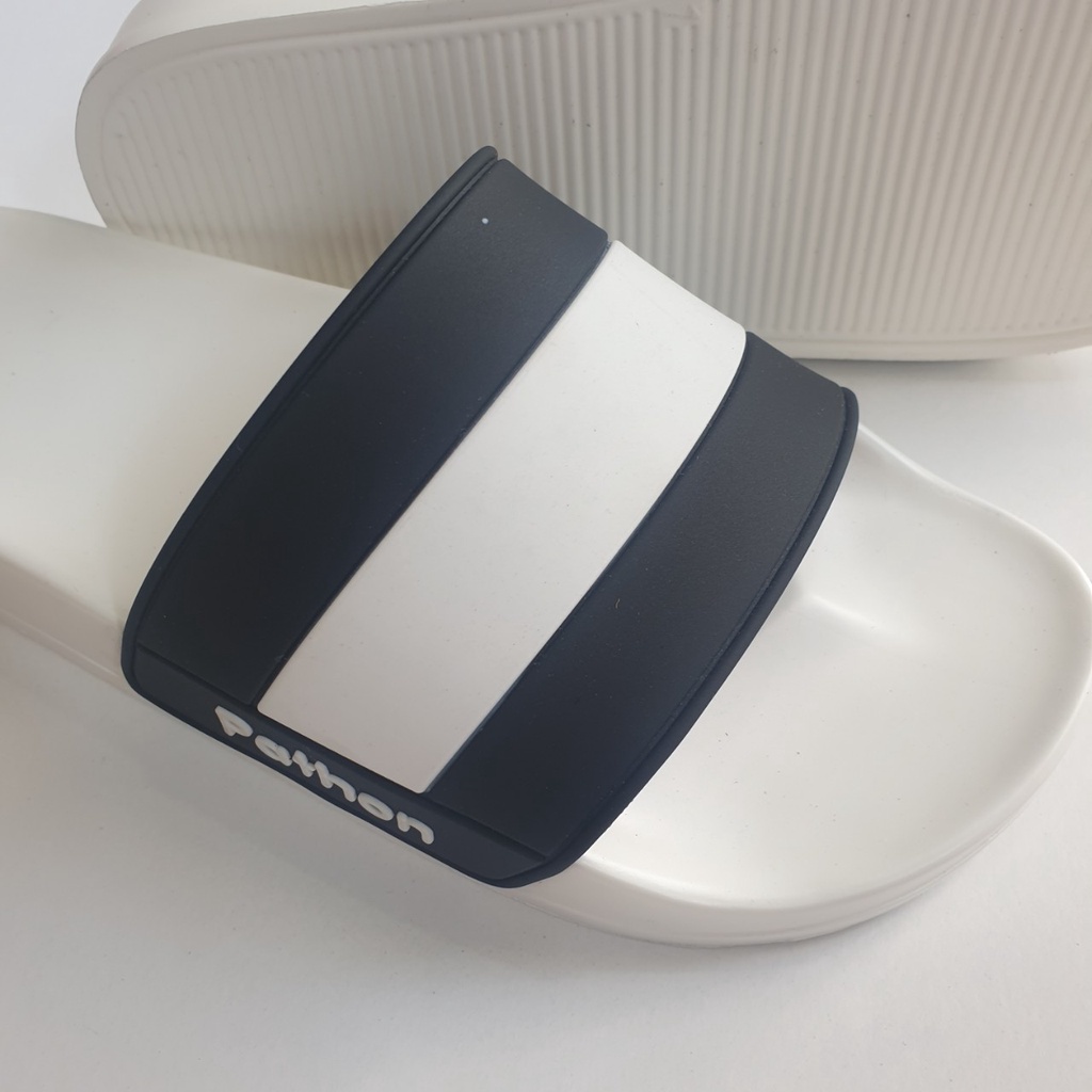 Dép nam nữ quai ngang slipper Pathon quai PVC và đế PU trắng quai sọc trắng đen lớn SD39