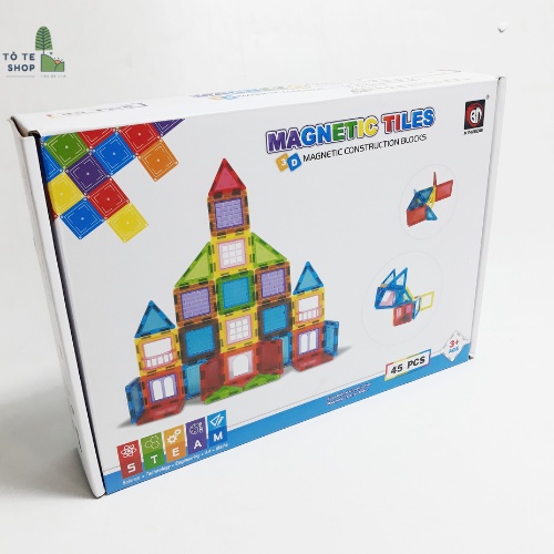 Đồ chơi xếp hình nam châm Magnetic Tiles 45 chi tiết,xếp hình nam châm ánh sáng cầu vồng chính hãng Xinbida