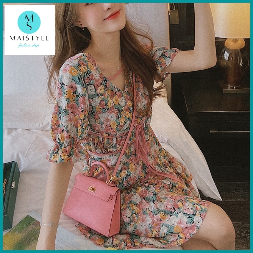 Đầm hoa nhí đi biển MAISTYLE váy voan tiểu thư xinh đi chơi tay phồng ngắn ulzzang bánh bèo cổ V MY1036