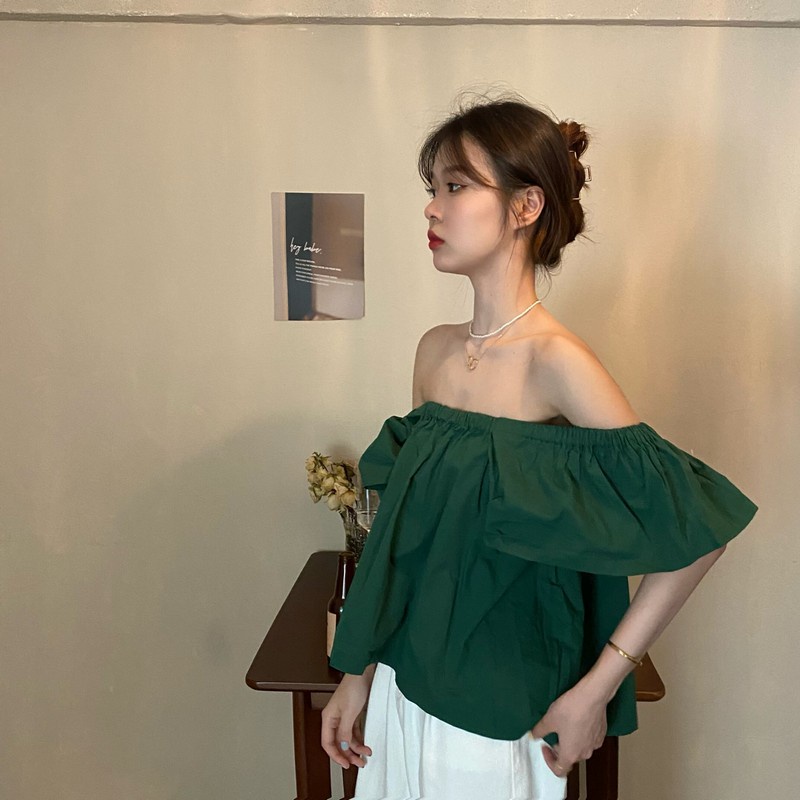 Áo nữ trễ vai SUXI dáng rộng màu trơn thời trang mùa hè phong cách vintage