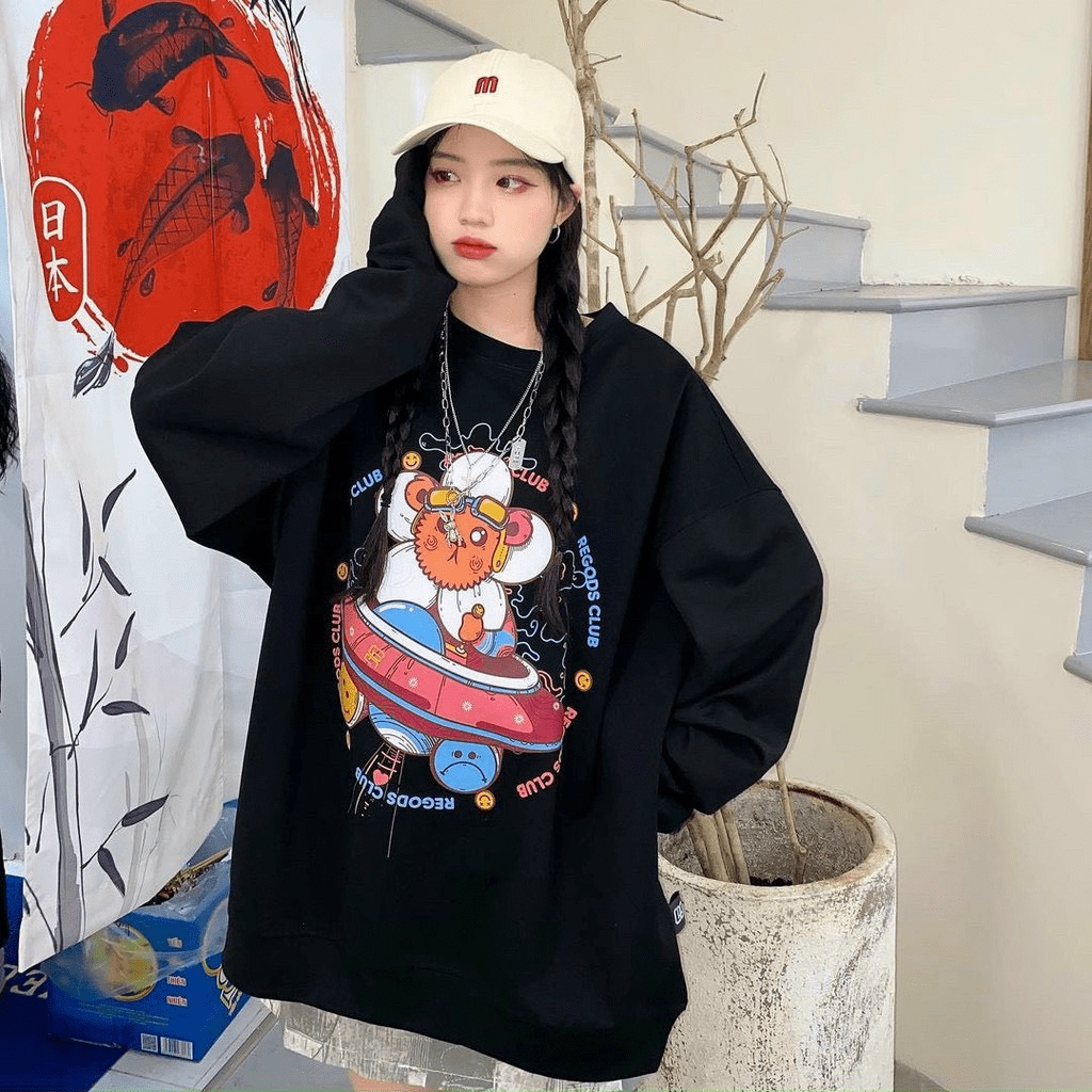 (Free Ship) Áo Khoác Hoodie Kiểu Sweater In Chú Gấu Ngoài Hành Tinh Siêu Cute Hạt Me h.h.p