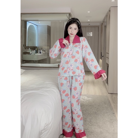 Bộ Pijama Lụa thiết kế cổ sen mặc nhà nữ siêu xinh, Chất lụa mango mềm mịn