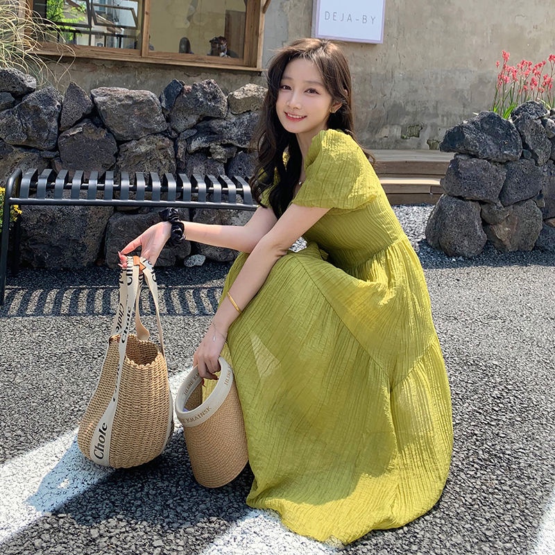 Đầm Cổ Vuông Xếp Ly Dáng Dài Màu Xanh Lá Phong Cách Retro Pháp Thời Trang Mùa Hè Hàng Mới 2022