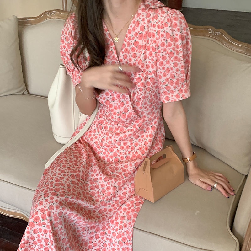 Đầm Hoa Hồng Nhấn Eo Phong Cách Pháp Thời Trang Mùa Hè Cho Nữ