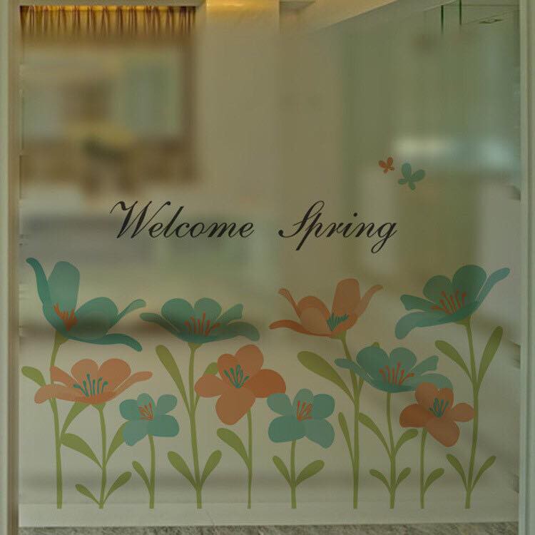 Decal trang trí kính cao cấp mẫu hoa xanh cam ( 60cm x 58cm )