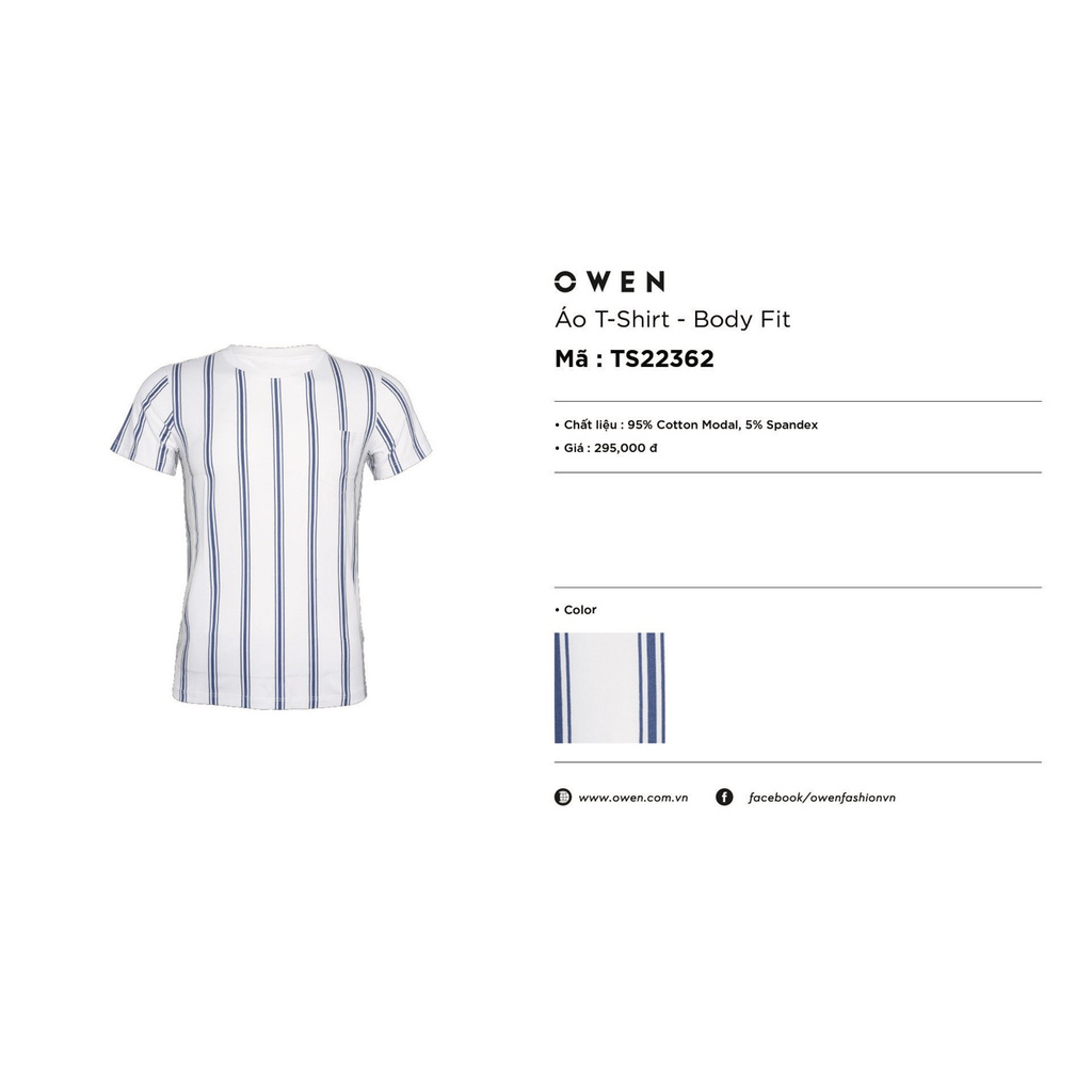 Áo Thun Nam Ngắn Tay Cổ Tròn Owen TS22362 Áo Phông T-Shirt Màu Trắng Kẻ Sọc Xanh Vải Cotton Cao Cấp Dáng Body Fit