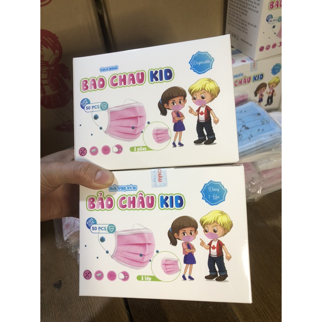 Combo 2 Hộp 50 chiếc khẩu trang y tế trẻ em 3 lớp hiệu Bảo Châu, đầy đủ giấy tờ kiểm định chất lượng