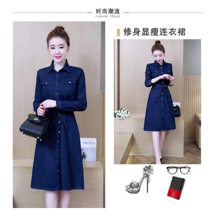 HN6544 ĐẦM JEAN CỔ SƠ MI PHỐI NÚT EO CỘT NƠ SANG TRỌNG CÓ SIZE LỚN XXXL - HÀNG NHẬP KHẨU