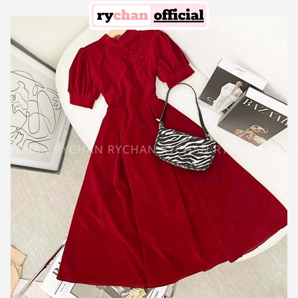 Đầm Midi Đỏ Cổ Tàu Trung Hoa Dáng Dài Siêu Đẹp, Đầm Chụp Hình Ngoại Cảnh - DX555