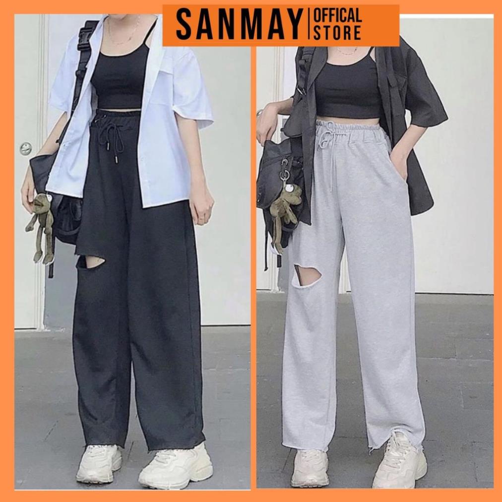 Quần Baggy Rách Gối Nữ Lưng Cao Cạp Chun SANMAY Quần Baggy Unisex Form Rộng Vải Thun Đen Xám, Đi Học Đi Chơi Đẹp QD001 !
