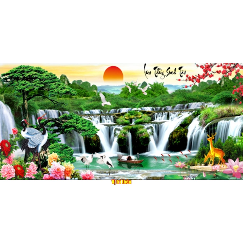 Tranh thêu chữ thập Phong cảnh lưu thủy sinh tài 3D KT:160x75cm- 200x90cm