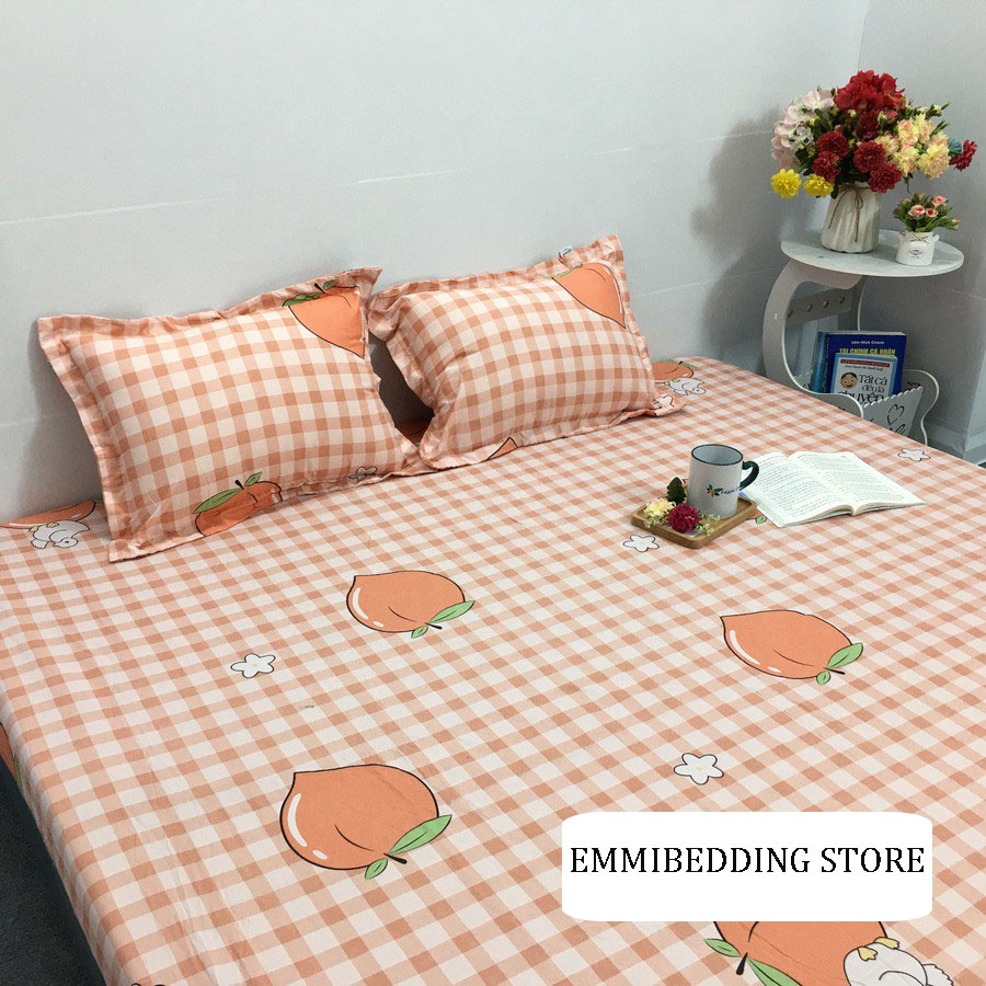 set 3 món ga gối cotton EMMIBEDDING STORE mẫu Đào cam gồm 1 ga và 2 vỏ gối nằm