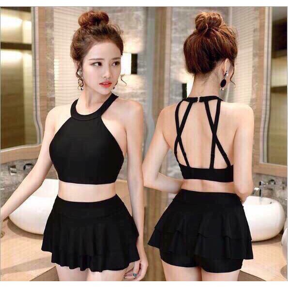 ĐỒ BƠI NỮ Bikini 2 mảnh đen áo đan x lưng quần váy 2 tầng ( 100% như hình mẫu) mới nhất