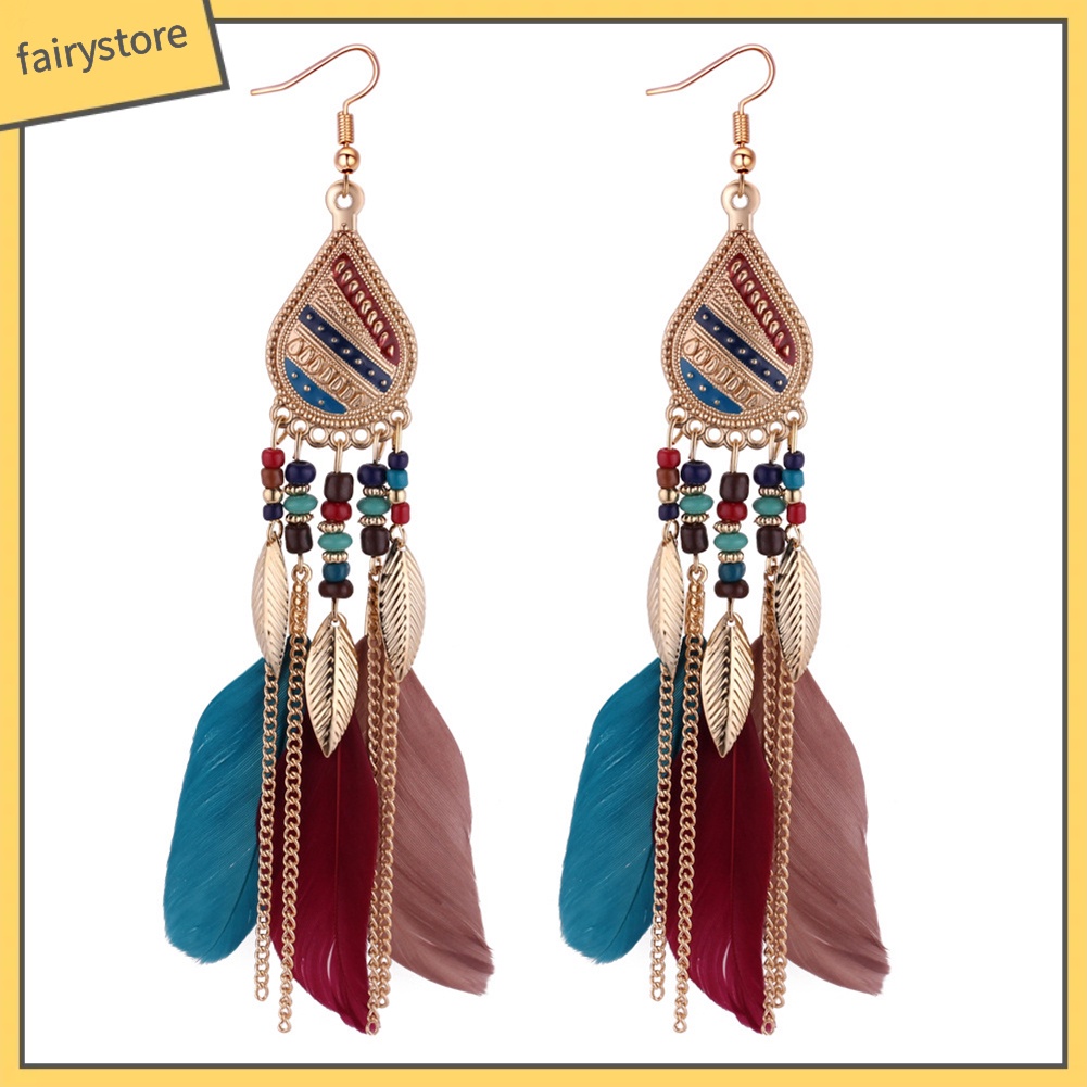 Khuyên tai dáng dài đính lông vũ tua rua dạng hạt phong cách cổ điển cho nữ