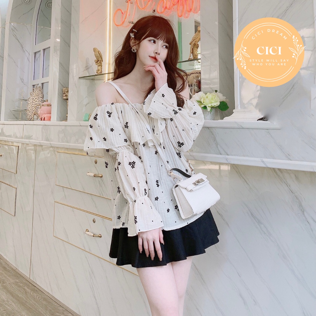 Áo croptop trễ vai hoa nhí tay dài, Áo croptop trắng trễ vai bèo sang chảnh nàng thơ phong cách Hàn Quốc