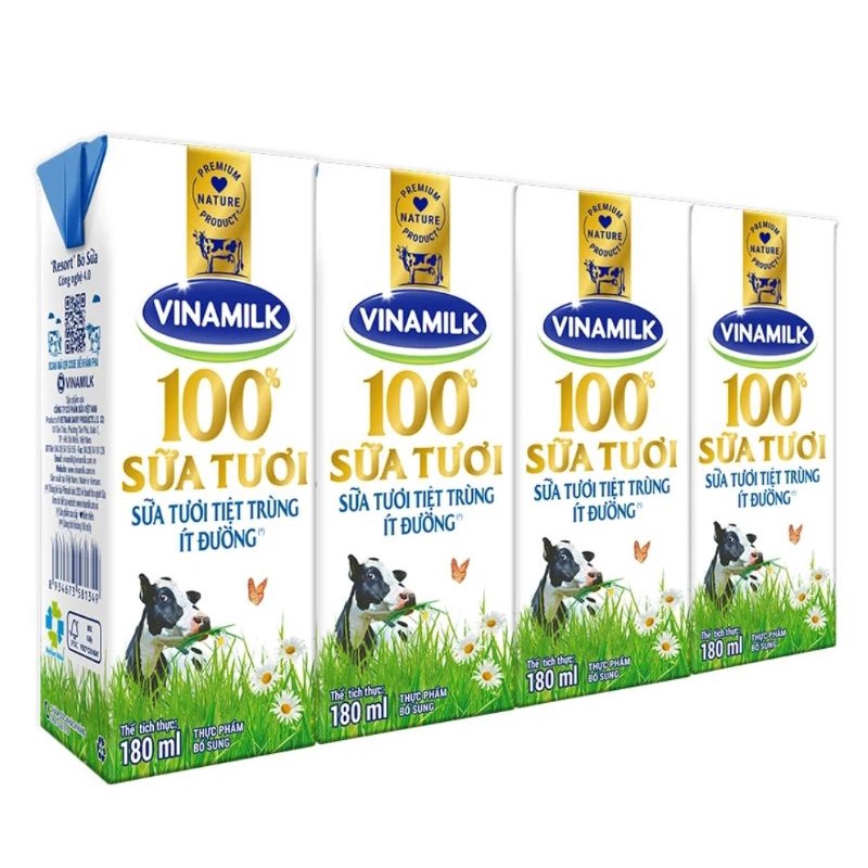 Sữa Tươi Tiệt Trùng Vinamilk 100% Ít Đường - Lốc 4 Hộp 180ml