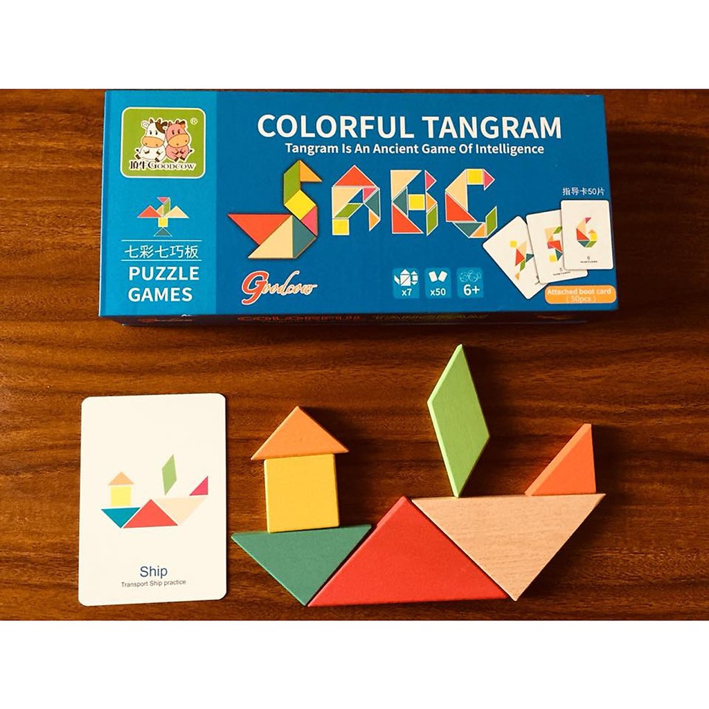 Đồ chơi Ghép Hình Tangram rèn kỹ năng Tư Duy logic cho bé ( 50 thẻ in hai mặt với 100 bài toán +7 miếng ghép)