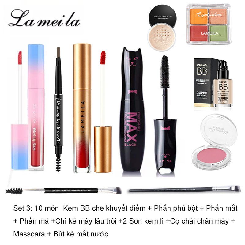 Bộ trang điểm LAMEILA gồm Kem BB che khuyết điểm + Phấn phủ bột + Phấn mắt + Phấn má + Chì kẻ mày lâu trôi + Son kem lì