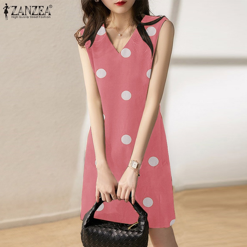 Đầm Ngắn Không Tay Họa Tiết Chấm Bi Thanh Lịch Cho Nữ ZANZEA