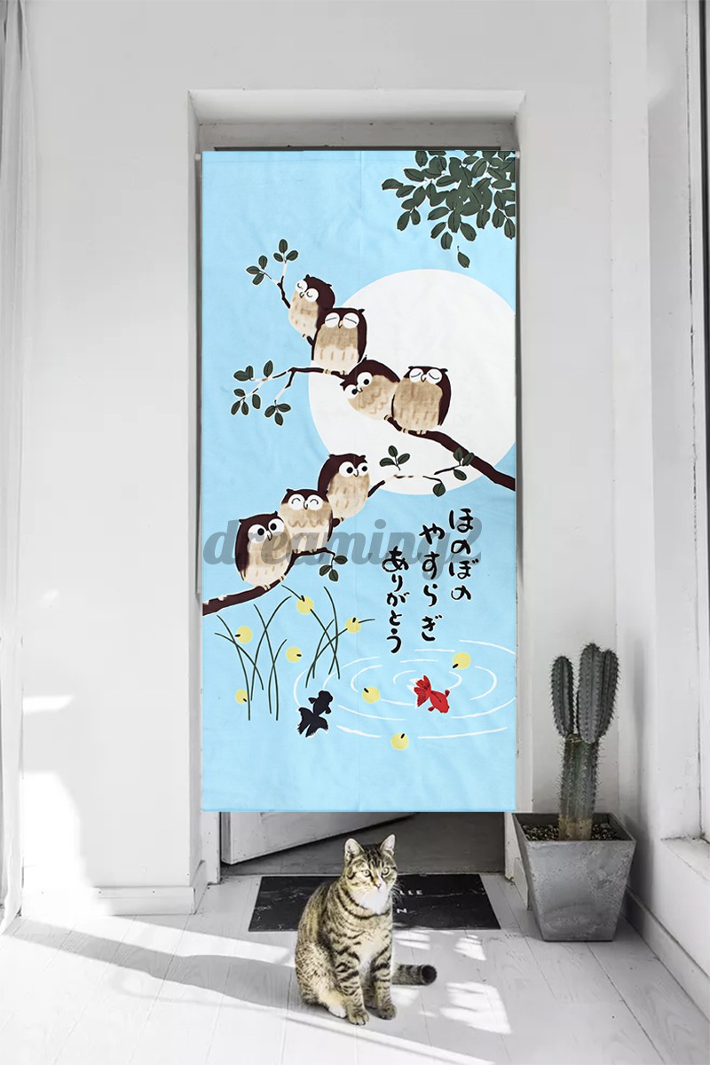 Rèm Cửa 85x180cm In Hình Chim Cú Và Mặt Trăng Phong Cách Nhật Bản