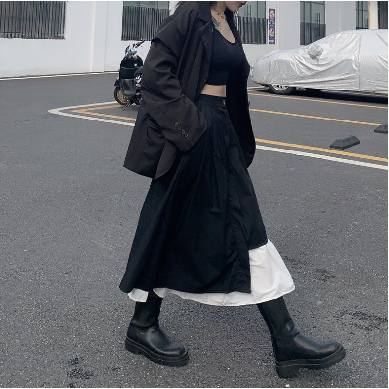 Chân váy ulzzang xòe vạt lệch phối đen trắng - Chân váy dài phong cách hàn quốc CV09 | BigBuy360 - bigbuy360.vn