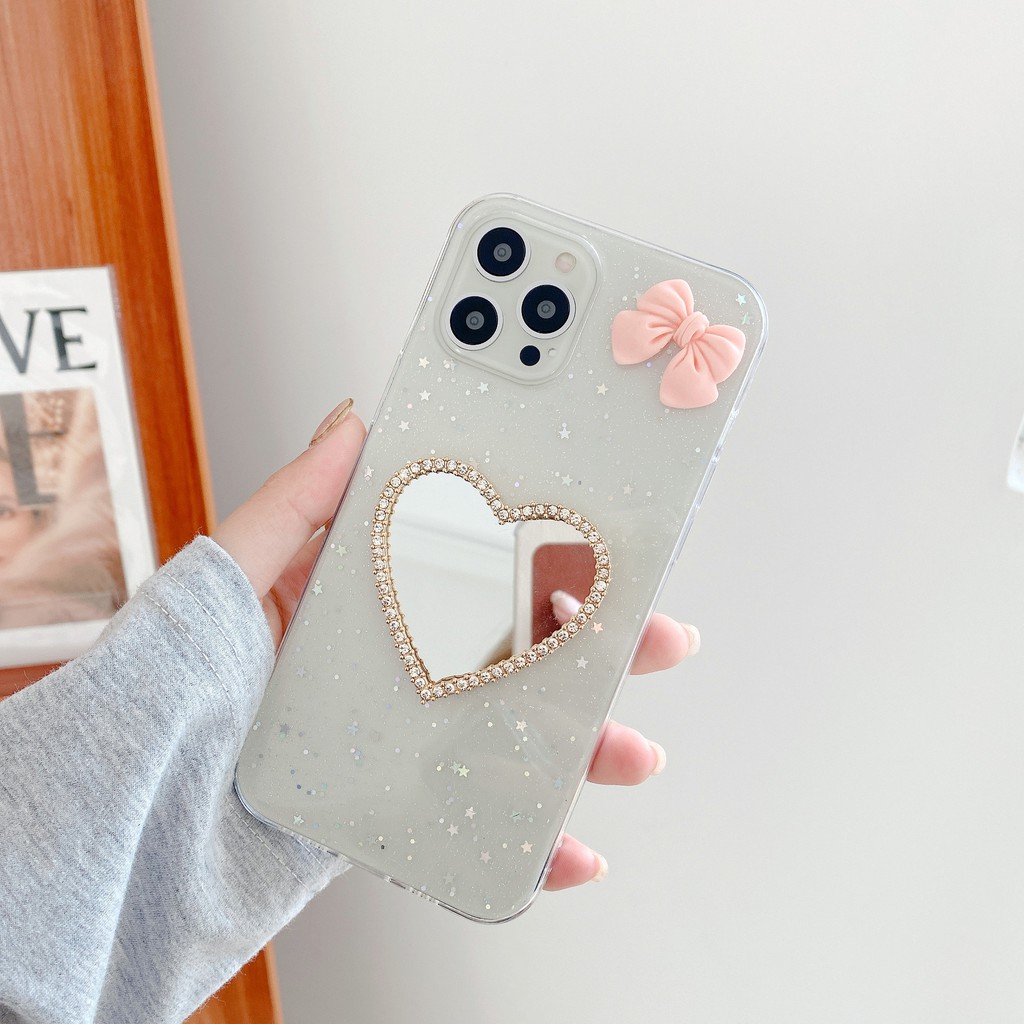 Ốp điện thoại tpu mềm đính nơ gương trang điểm hình trái tim cho Samsung Galaxy Note 8 9 A6 J6 J4 Plus A9 A7 2018 M10