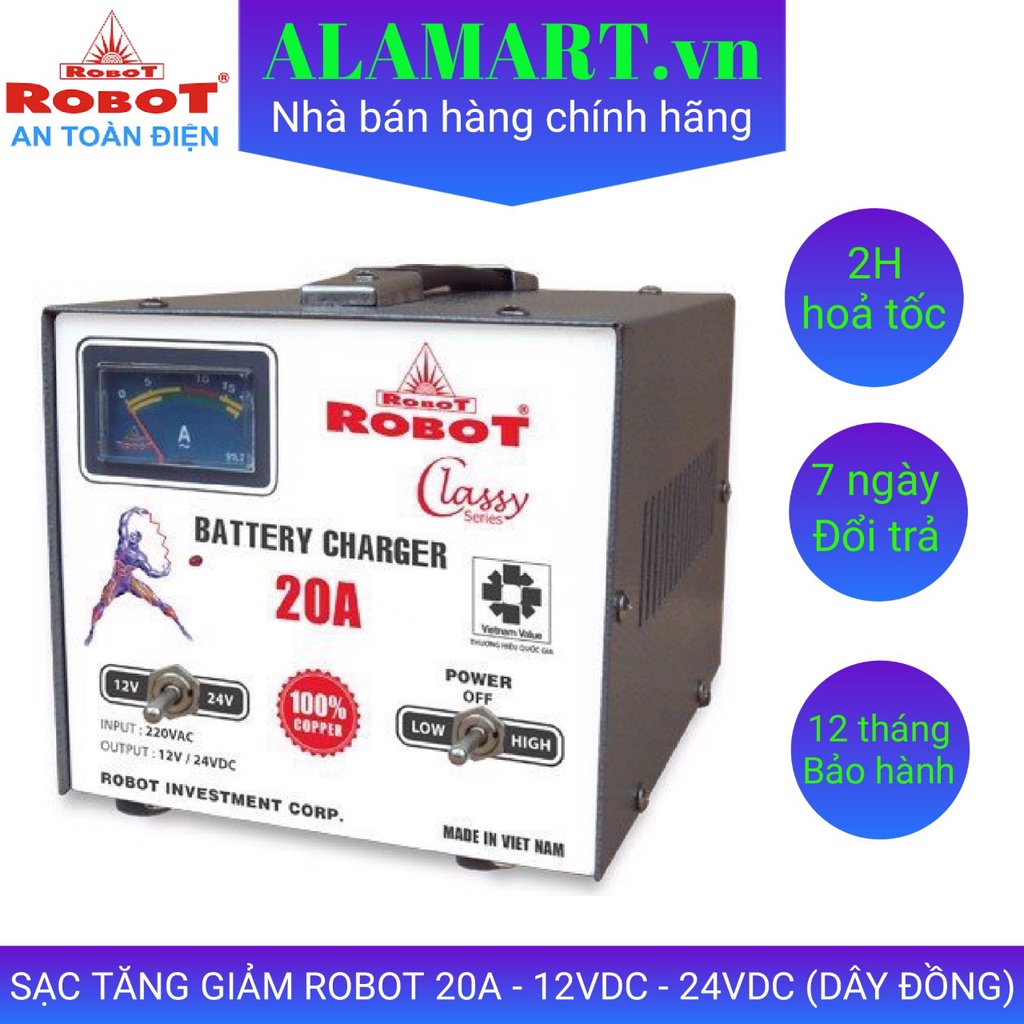 MÁY SẠC ẮC QUY ROBOT TĂNG GIẢM 20A (12V-24V, DÂY ĐỒNG)