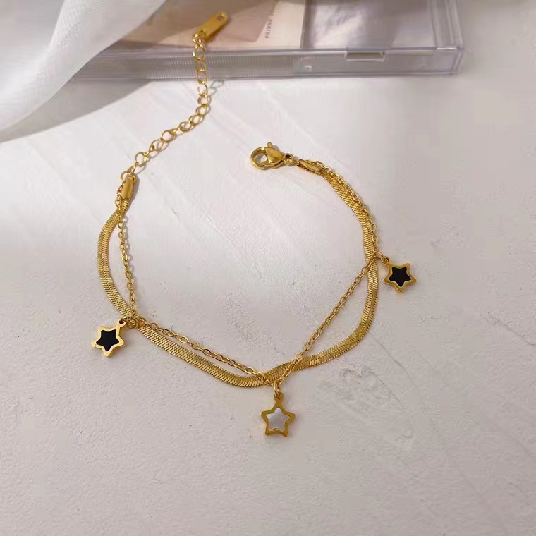 Dây Chuyền Hai Lớp Bằng Thép Không Gỉ Mạ Vàng 18K Hình Ngôi Sao Năm Cánh Phong Cách Hàn Quốc