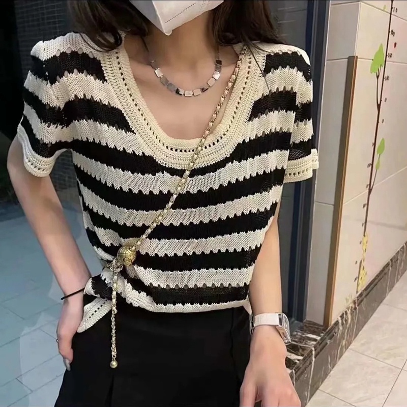 Áo Len Ngắn Tay Họa Tiết Kẻ Sọc Thời Trang Mùa Hè Cho Nữ