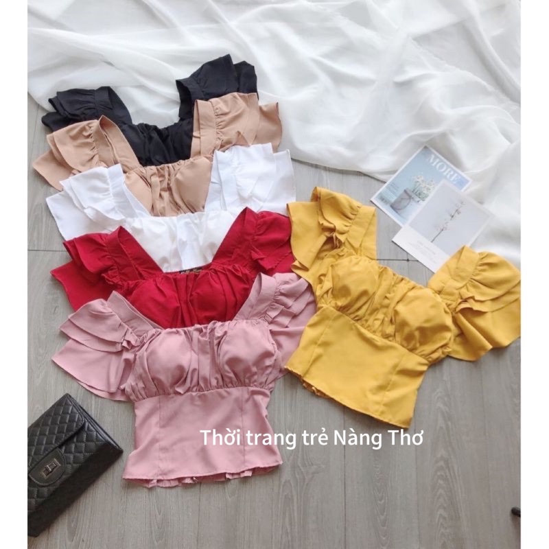 Áo bèo cổ vuông tay cánh tiên vải Đũi Hàn dễ thương