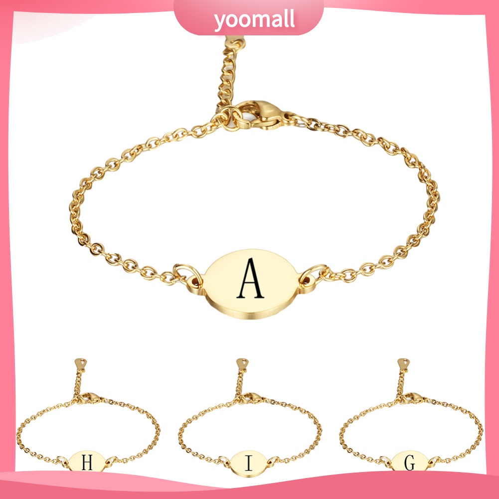 Vòng tay mặt hình tròn khắc chữ cái tiếng Anh bằng thép titan thời trang cho nữ