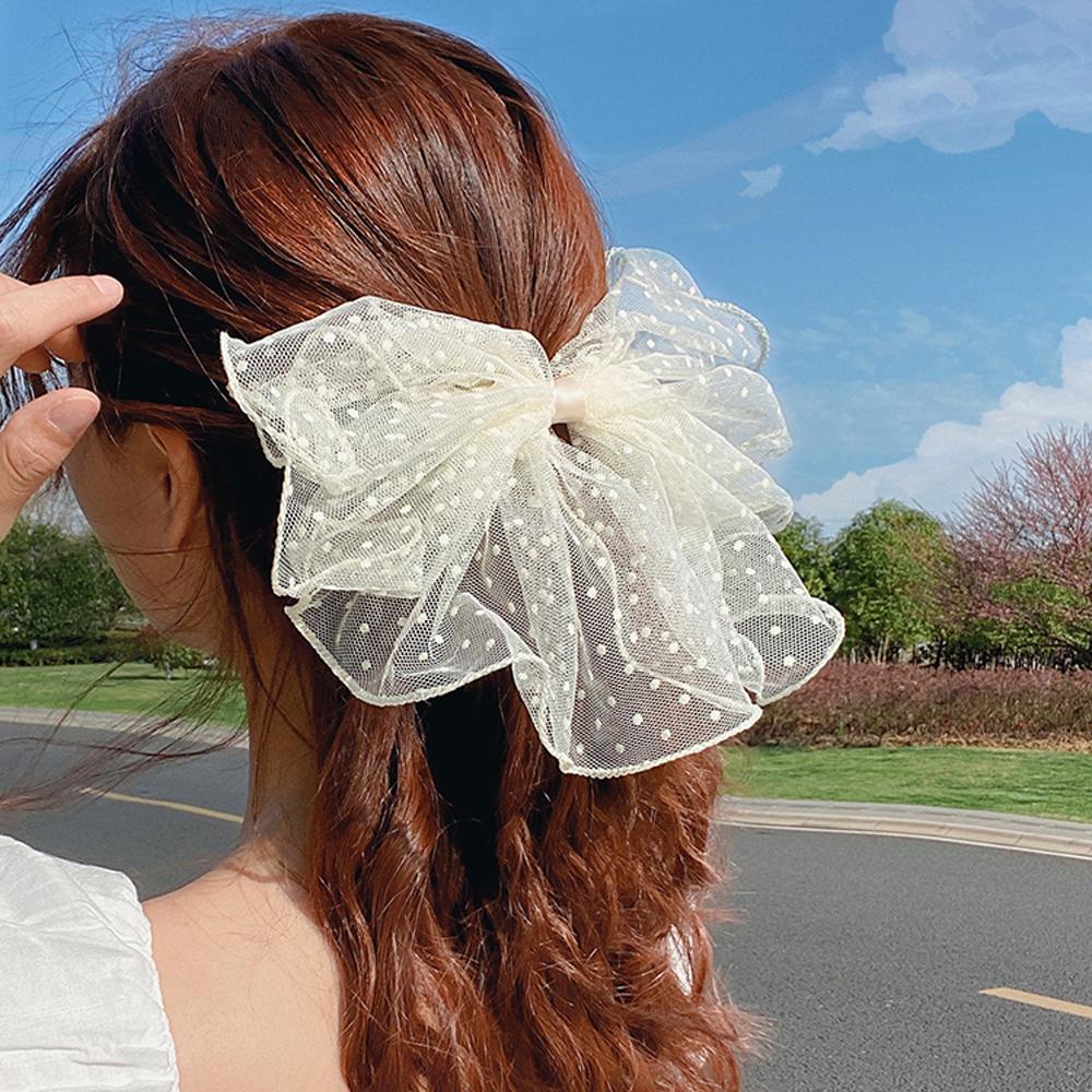 Kẹp Tóc Đuôi Ngựa Bằng Vải Lưới Họa Tiết Chấm Bi Xinh Xắn Giá Đỡ