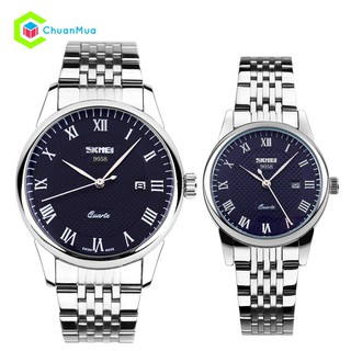 Đồng Hồ Đôi Nam, Nữ Skmei 9058 mặt xanh, dây kim loại chống rỉ, chống nước chống xước + tặng 1 vòng tỳ hưu phong thủy.
