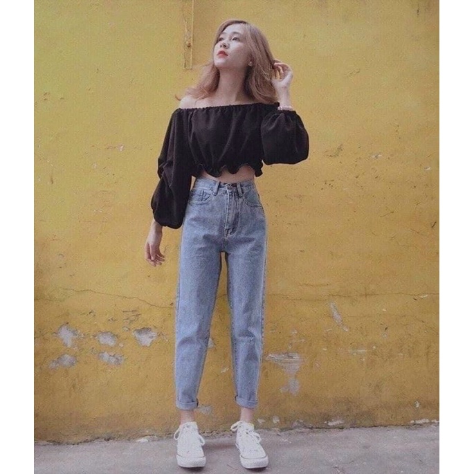 Quần jeans baggy nữ lưng cao hoạ tiết trơn vải bò dày dặn freeship