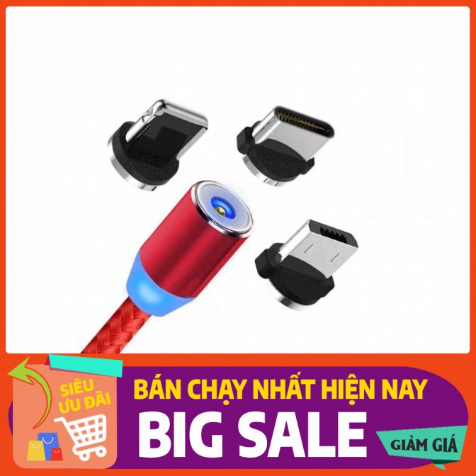 Cáp Sạc Nam Châm 3 Đầu 💎Xoay 360 Độ💎 iPhone / Android / Type C Có Đèn LED, Sạc Nhanh 2.4A - BH 12 Tháng