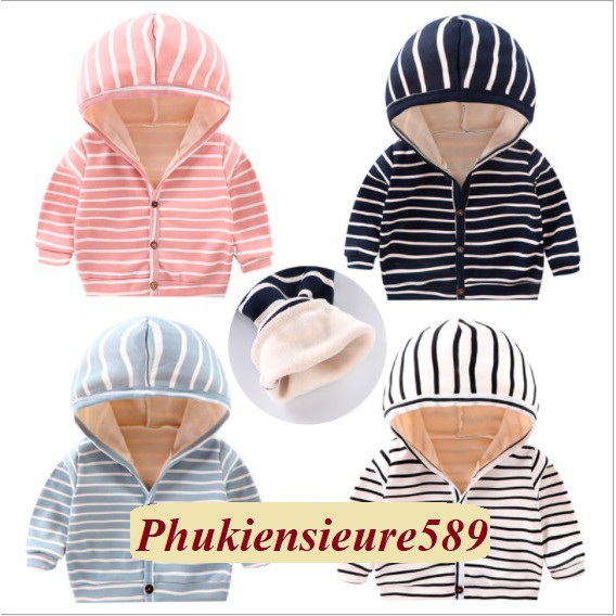 Áo khoác nỉ kẻ liền mũ lót nhung ấm cho bé trai bé gái mặc thu đông