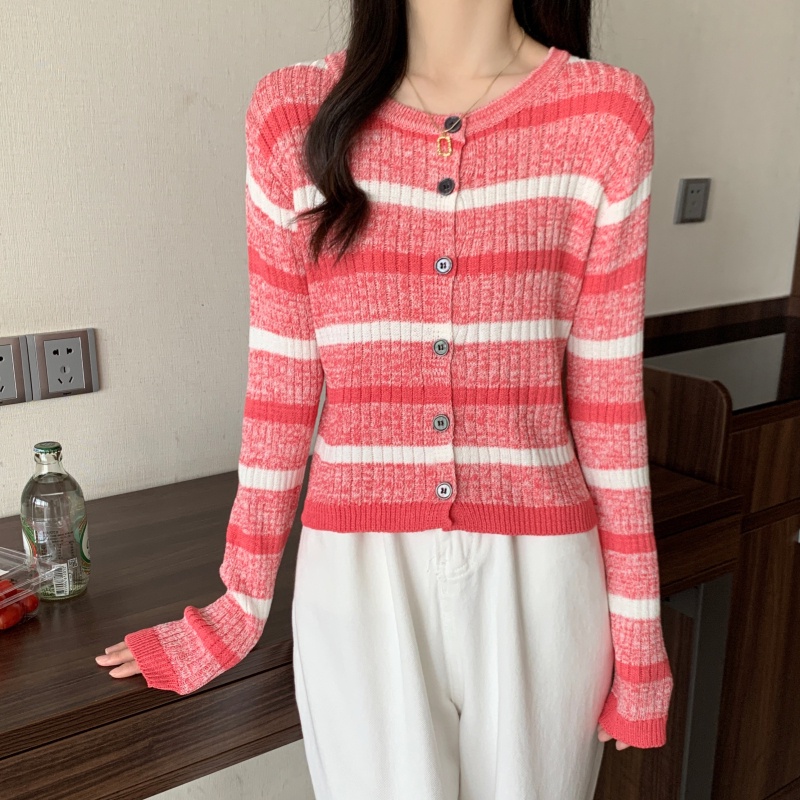 ZHELIHANGFEI Áo Cardigan Dệt Kim Tay Dài Lưng Cao Kẻ Sọc Dễ Phối Đồ