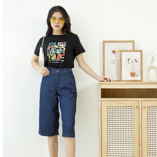 Quần Ngố Jeans Nữ Genviet Ống Suông Rộng Cạp Cao DQ324J1567