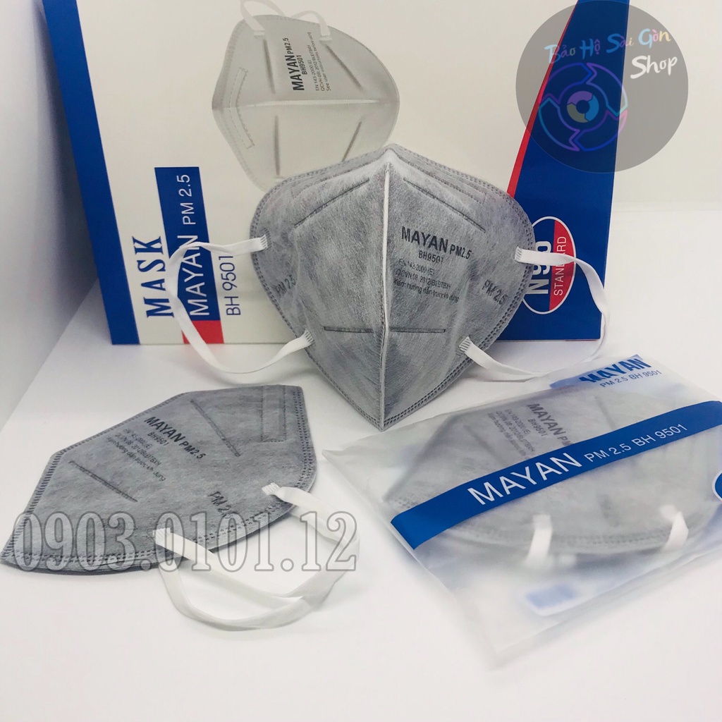 Khẩu trang n95 đệm mũi cao cấp hộp 60 cái, Kn95 chính hãng Mayan pm2.5 BH9501 lớp lọc kháng khuẩn than hoạt tính