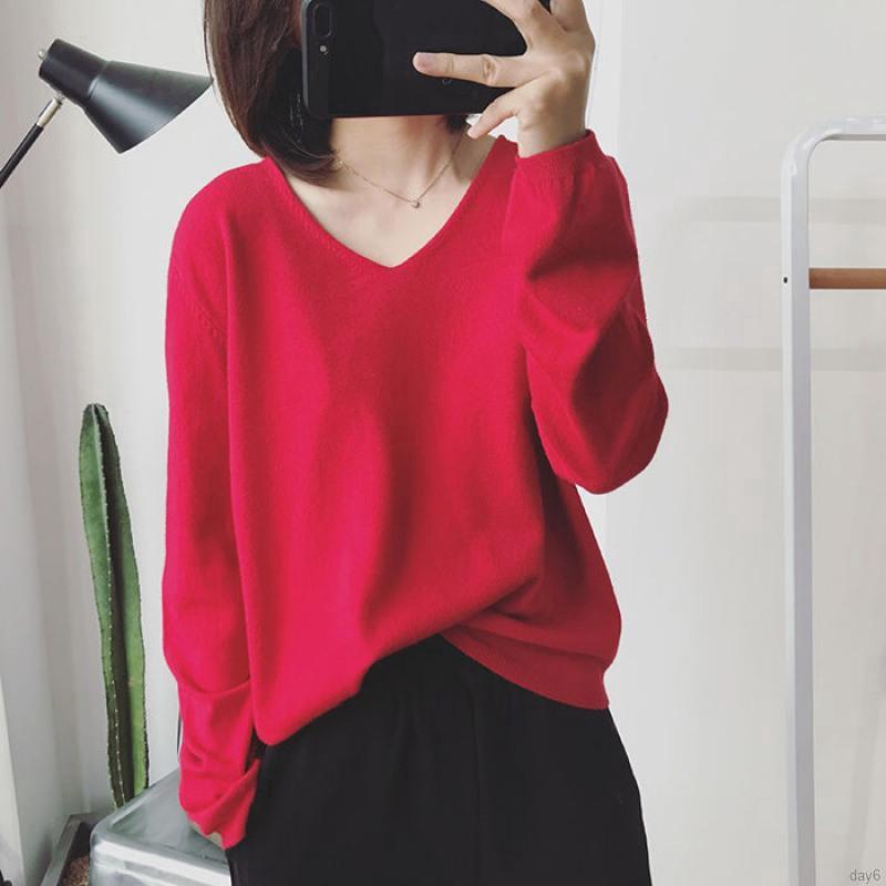 Áo sweater dệt kim tay dài cổ chữ V màu trơn thời trang đơn giản cho nữ