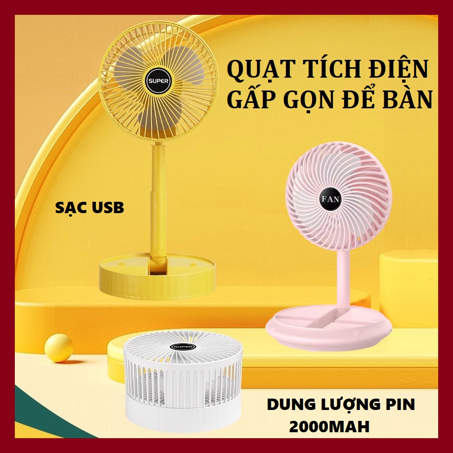 Quạt tích điện để bàn, quạt mini không dây sạc pin USB có 3 tốc độ gió, pin 1200mAh