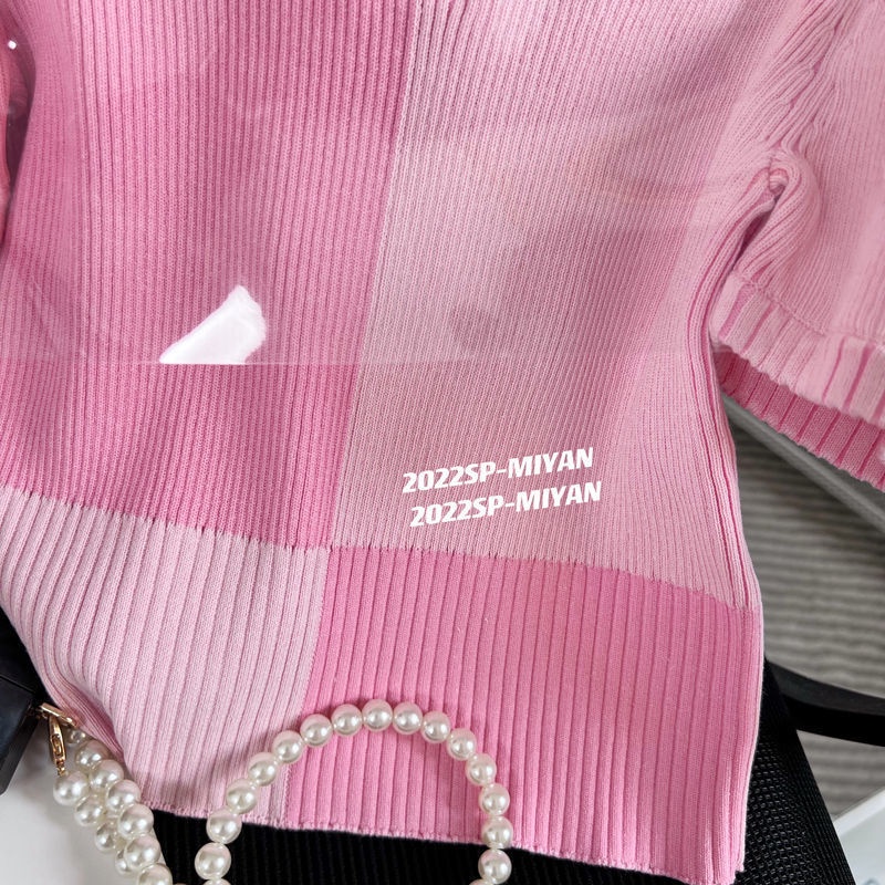 Áo kiểu sweater cổ polo tay ngắn phồng màu hồng kiểu mùa hè 2022 cho nữ