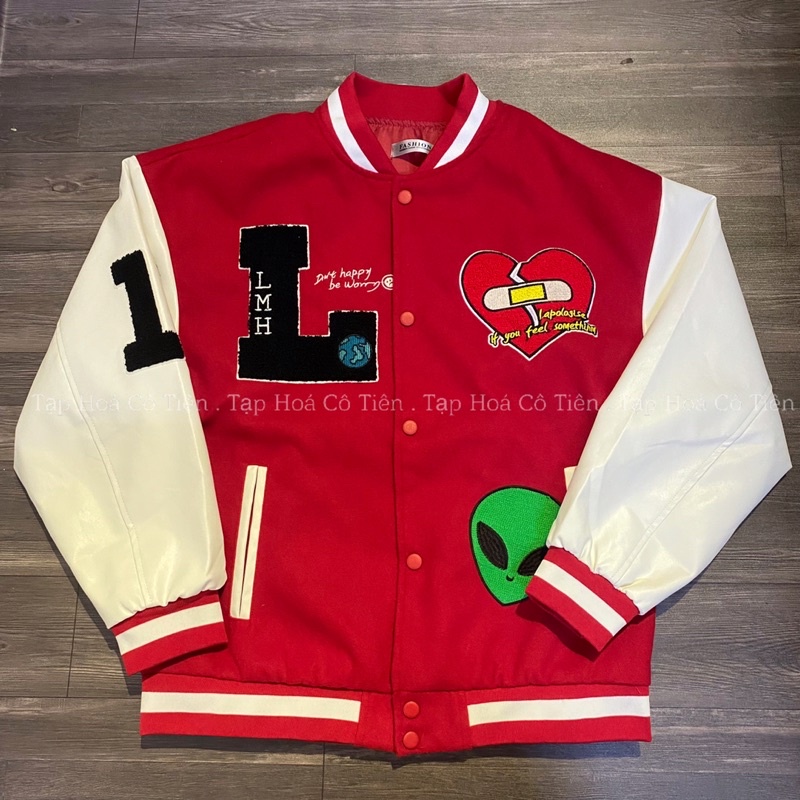 Áo khoác varsity đỏ tim 2 lớp chất dạ tay da 2 lớp nam nữ