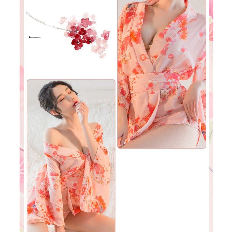 Váy ngủ kimono hoa anh đào Lyly 5030 áo choàng có đai bụng vải voan mịn mát