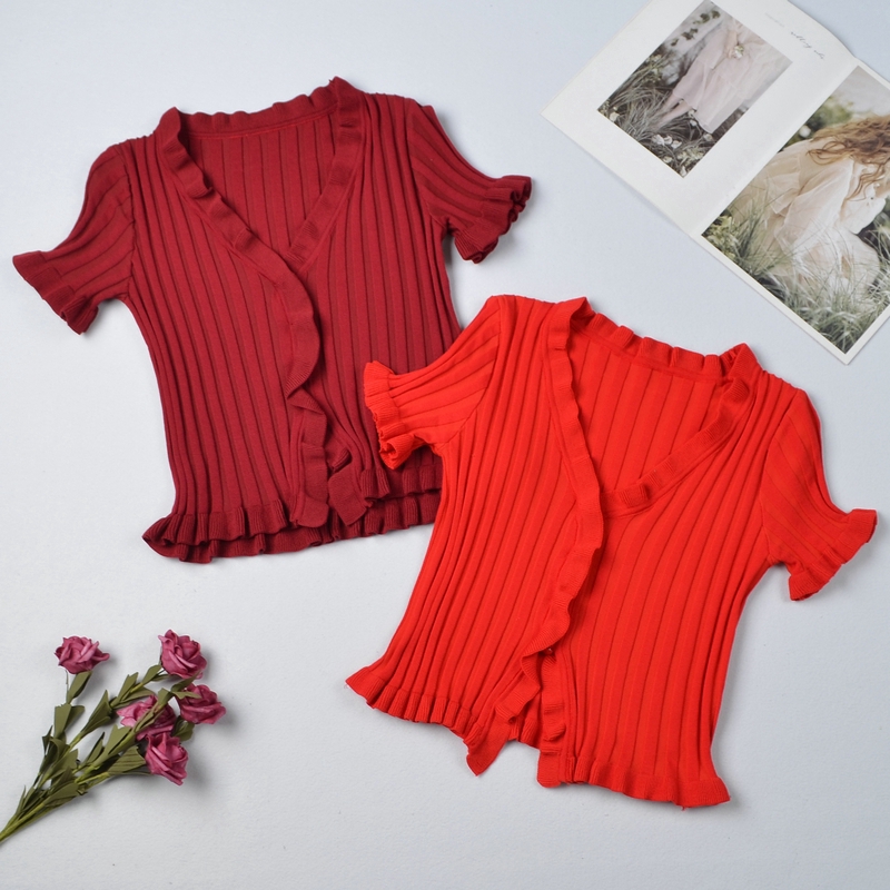 Áo ôm dáng ngắn tay cổ chữ V phong cách thời trang mùa hè dành cho nữ