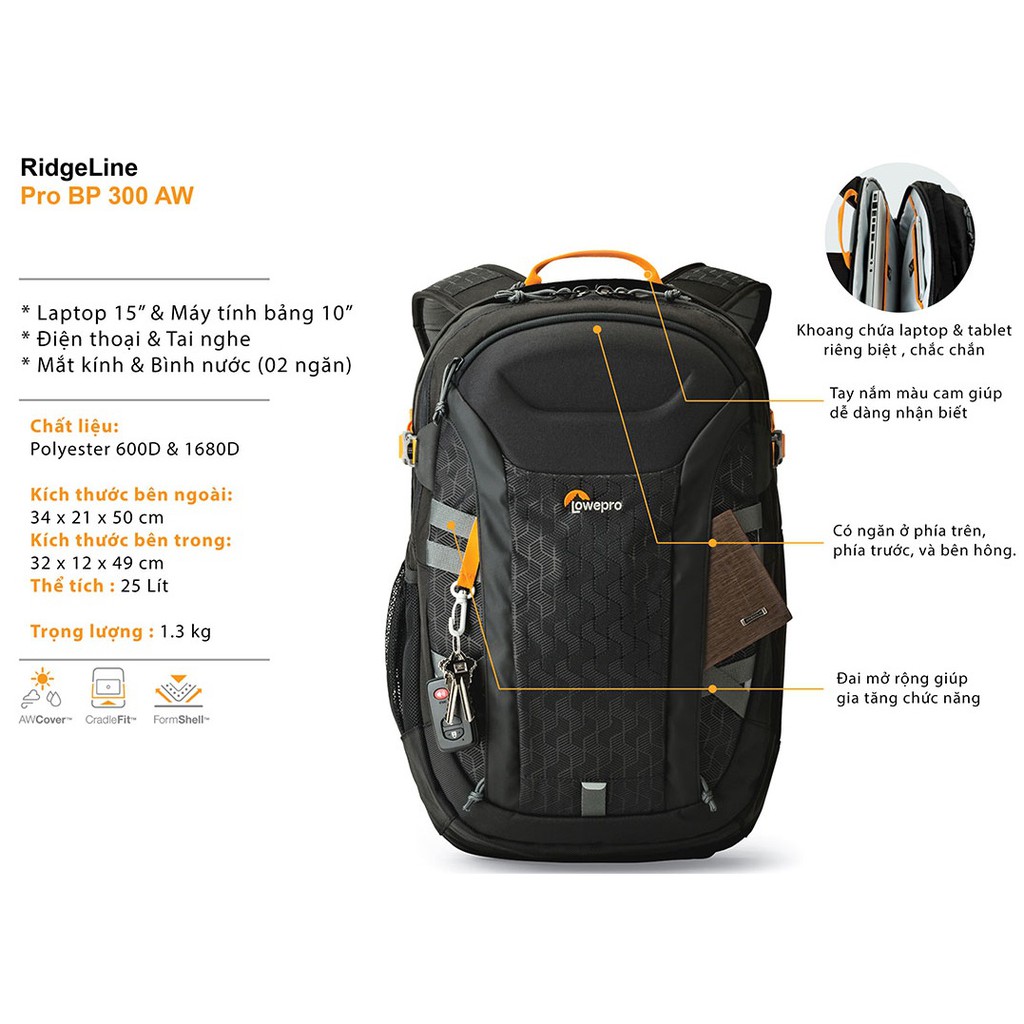 Balo máy ảnh Lowepro Ridgeline Pro BP 300 AW, Chính hãng Hoằng Quân